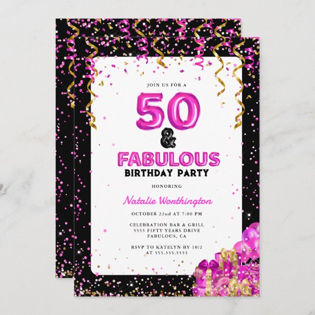 Hot Pink Gold Fifty Fabulous 50th Birthday Invitation (Front/Back)