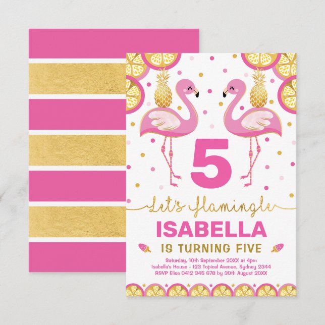 Hot Pink Gold Flamingo Tropical Summer Birthday Invitation (Front/Back)