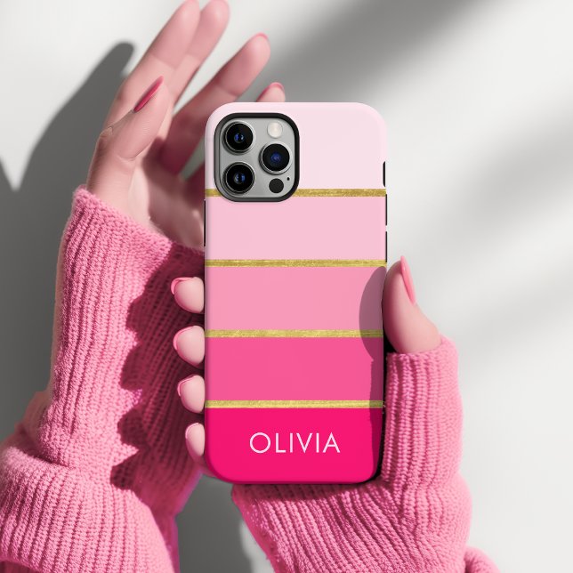 Hot Pink & Gold Girly Personalized Case-Mate iPhone Case (Personalized pink an gold stripe phone case)