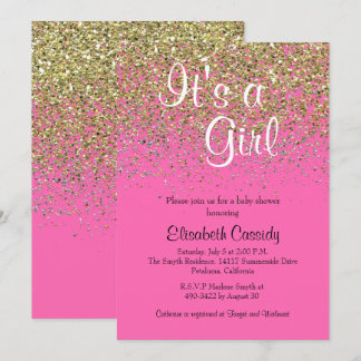 Hot Pink & Gold Glitter  Baby Shower Invite
