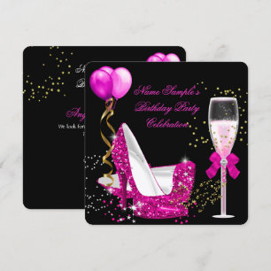 Hot Pink Gold Glitter Black Birthday Party Invitation