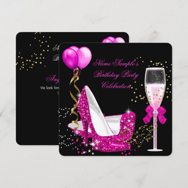 Hot Pink Gold Glitter Black Birthday Party Invitation (Front/Back)