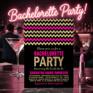 Hot Pink & Gold Glitter Chevron Bachelorette Party Invitation