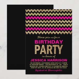 Hot Pink & Gold Glitter Chevron Birthday Party Invitation
