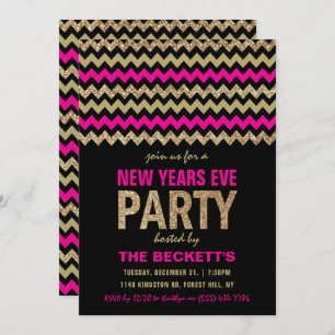 Hot Pink & Gold Glitter Chevron New Years Party Invitation