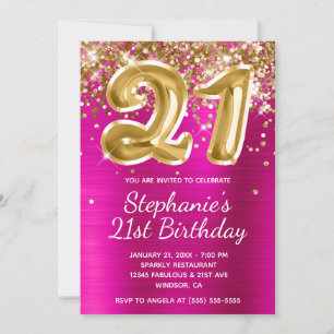 Hot Pink Gold Glitter Foil Balloon 21st Birthday Invitation