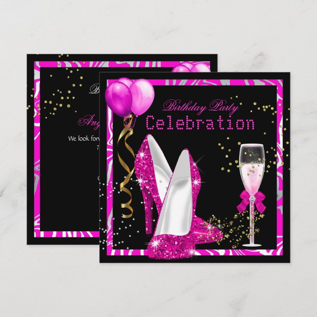 Hot Pink Gold Glitter Zebra Black Birthday Party Invitation (Front/Back)