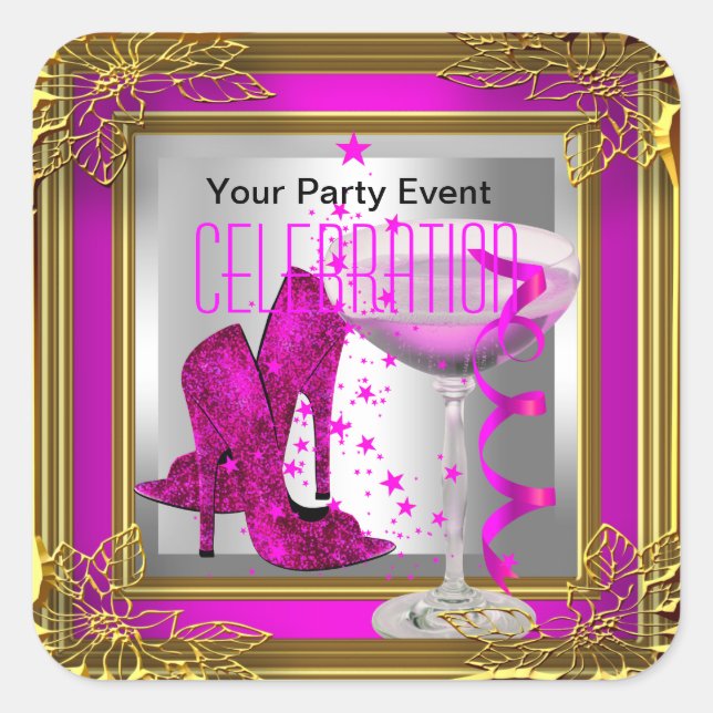 Hot Pink Gold High Heel Shoes Champagne Square Sticker (Front)