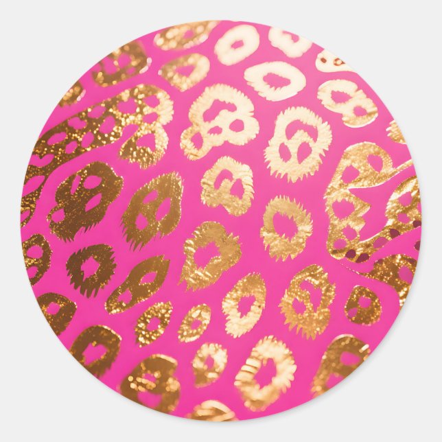 Hot Pink Gold Leopard Print Glam Classic Round Sticker (Front)