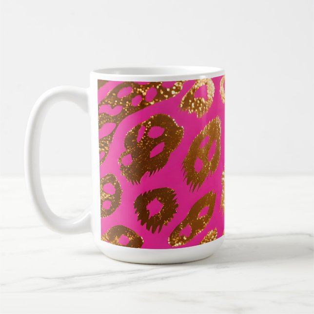 Hot Pink Gold Leopard Print Glam Coffee Mug (Left)
