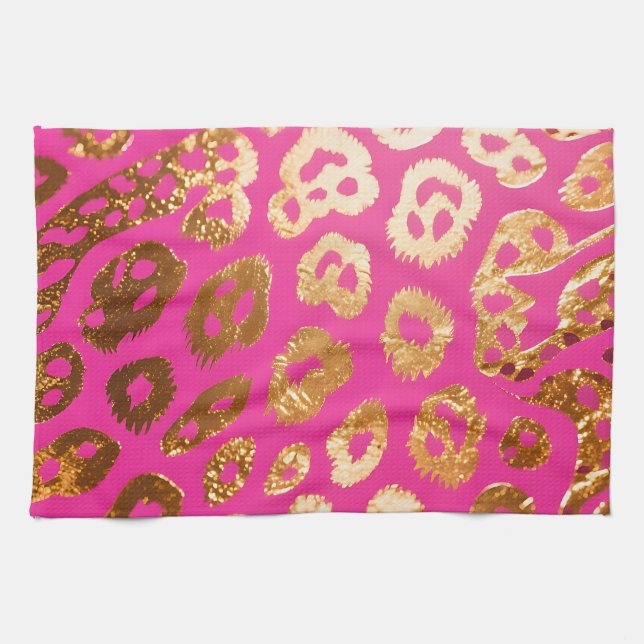Hot Pink Gold Leopard Print Glam Kitchen Towel (Horizontal)