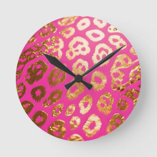 Hot Pink Gold Leopard Print Glam Round Clock