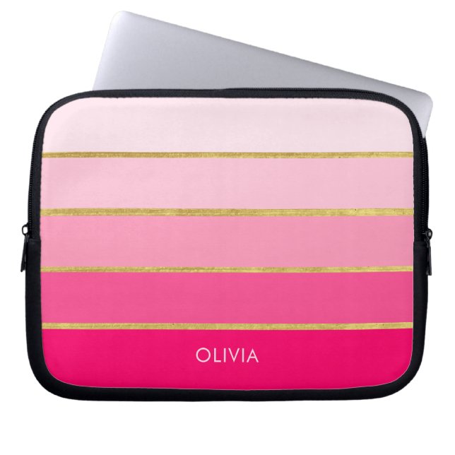 Hot Pink & Gold Modern Laptop Sleeve (Front)
