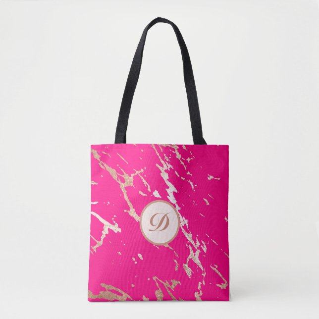 Hot Pink & Gold Monogram Custom Tote Bag (Front)
