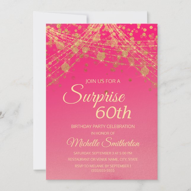Hot Pink Gold String Lights Surprise 60th Birthday Invitation (Front)