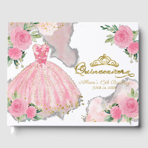 Hot Pink Gown Floral Quinceanera Guest Book