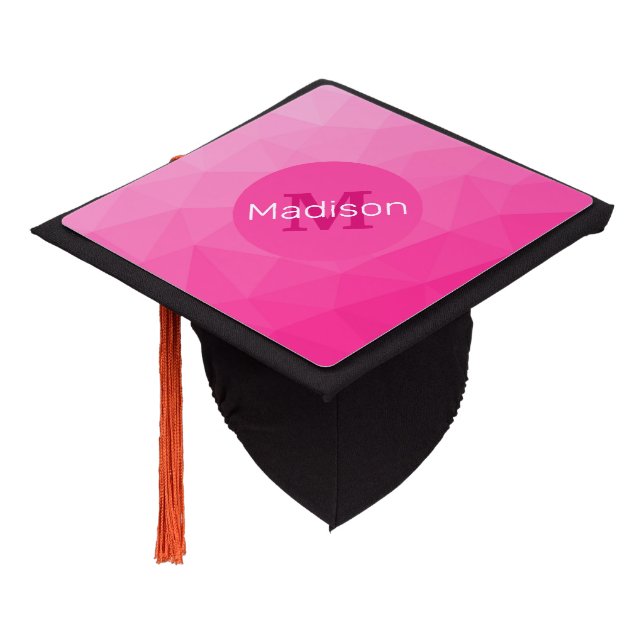 Hot pink Gradient Geometric Mesh Pattern Monogram Graduation Cap Topper (Angled)