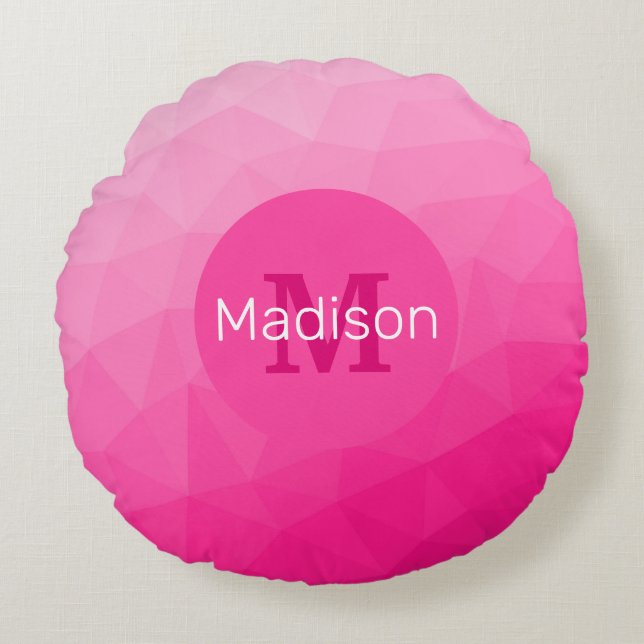 Hot pink Gradient Geometric Mesh Pattern Monogram Round Pillow (Front)