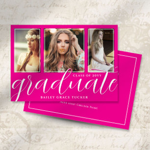Hot Pink Graduate Script 3-Photo Graduation Announcement