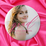 Hot Pink Graduate Simple Script Minimalist Photo 2 Inch Round Button<br><div class="desc">Elevate your graduation celebration with our Graduate Simple Modern Script Minimalist Photo button. This sleek and stylish accessory combines modern script typography with minimalist design elements for a sophisticated touch. Featuring your graduation photo as the focal point, this button captures the essence of your achievement while adding a personal touch...</div>