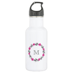Hot Pink Gray Black Watercolor Floral Wreath 532 Ml Water Bottle