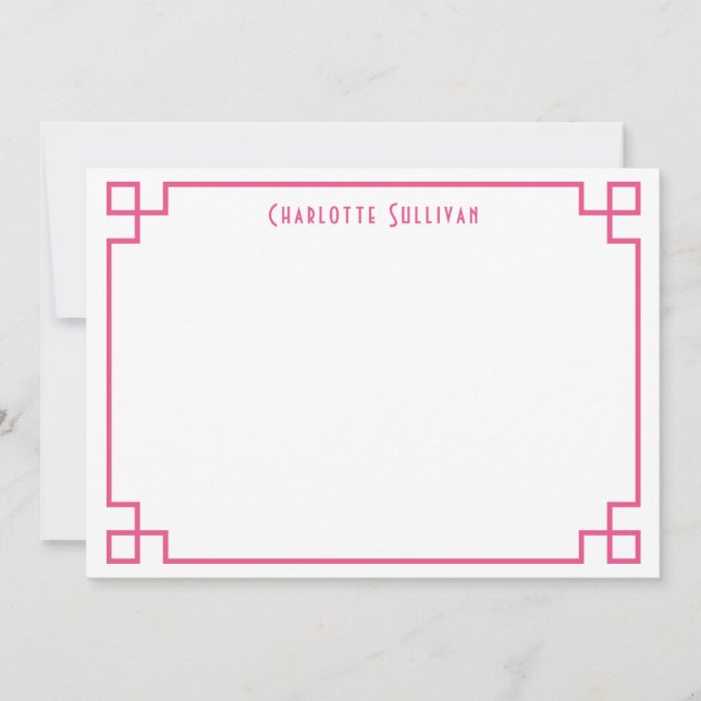 Hot Pink Greek Key Border Personalized Stationery Card (Front)