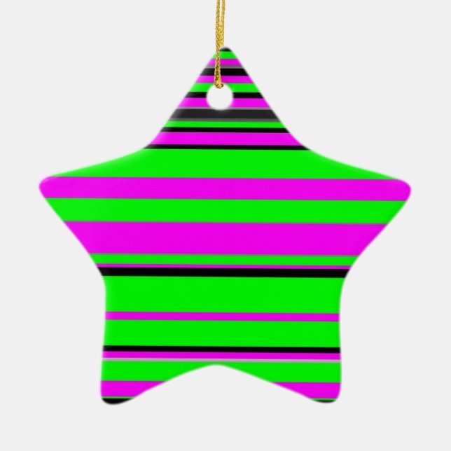 Hot Pink Green Black Colourful Stripe Pattern Ceramic Ornament (Front)