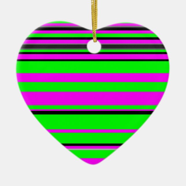 Hot Pink Green Black Colourful Stripe Pattern Ceramic Ornament (Front)