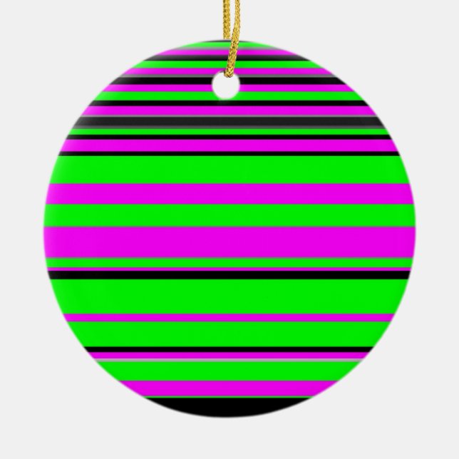 Hot Pink Green Black Colourful Stripe Pattern Ceramic Ornament (Front)