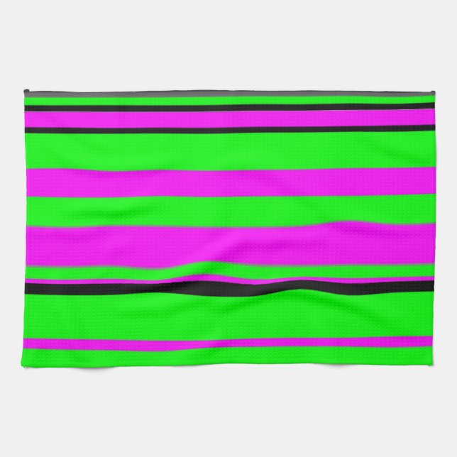 Hot Pink Green Black Colourful Stripe Pattern Kitchen Towel (Horizontal)