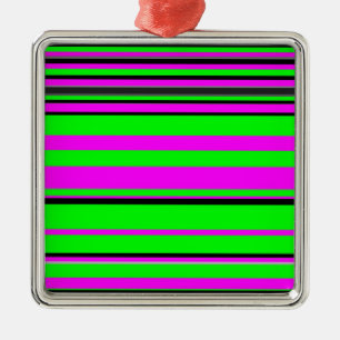 Hot Pink Green Black Colourful Stripe Pattern Metal Ornament