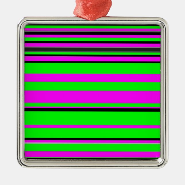 Hot Pink Green Black Colourful Stripe Pattern Metal Ornament (Front)
