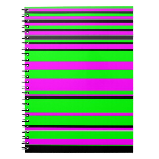 Hot Pink Green Black Colourful Stripe Pattern Notebook (Front)