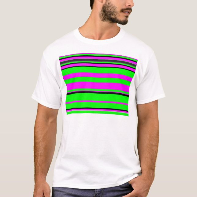 Hot Pink Green Black Colourful Stripe Pattern T-Shirt (Front)