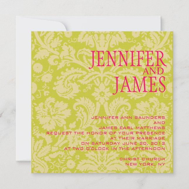 Hot Pink Green Cream Damask Wedding Invitation (Front)