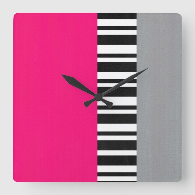 Hot Pink Grey Black and White Striped Block Square Wall Clock (Front)
