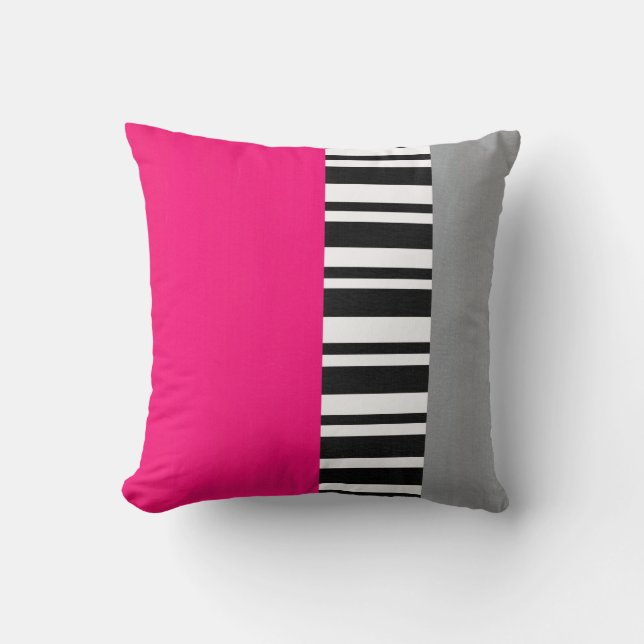 Hot Pink Grey Black and White Striped Block Throw Pillow (Front)