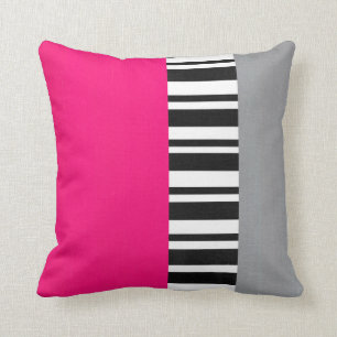 Hot Pink Grey Black and White Striped Block Throw Pillow