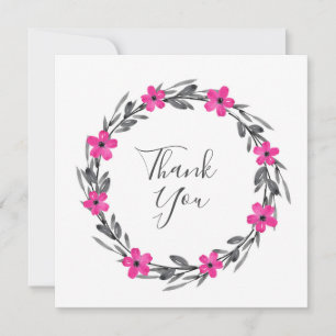 Hot Pink Grey Black Watercolor Floral Wreath Thank You Card