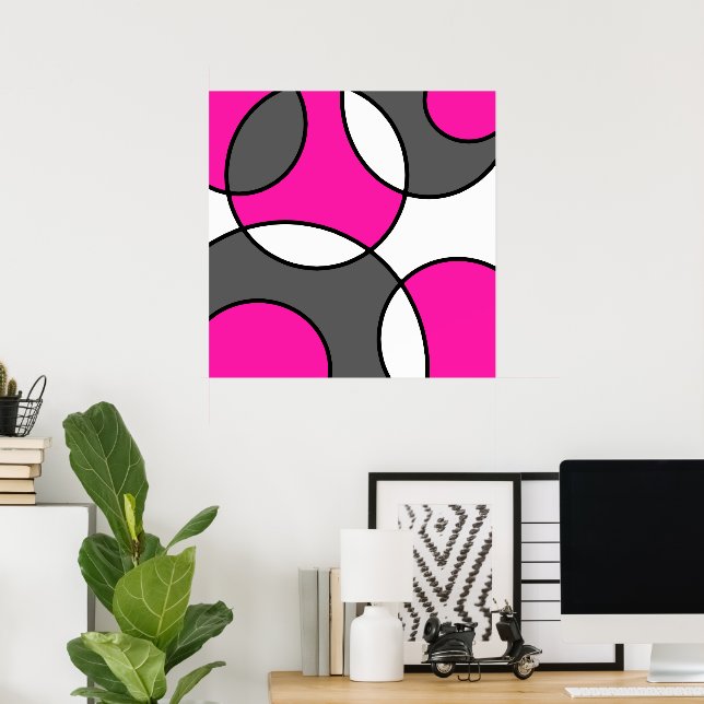 Hot Pink Grey Black White Abstract Circles  Poster (Home Office)