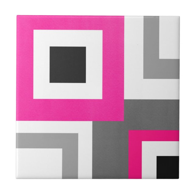 Hot Pink Grey Black White Geometric Block Tile (Front)