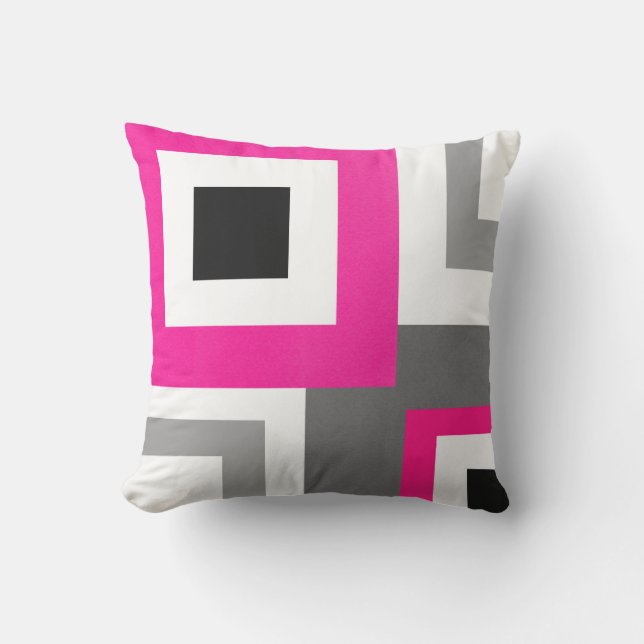 Hot Pink Grey Black White Geometric Squares Throw Pillow (Front)