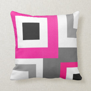 Hot Pink Grey Black White Geometric Squares Throw Pillow