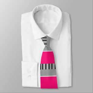 Hot Pink Grey Black White Striped Block Pattern Tie