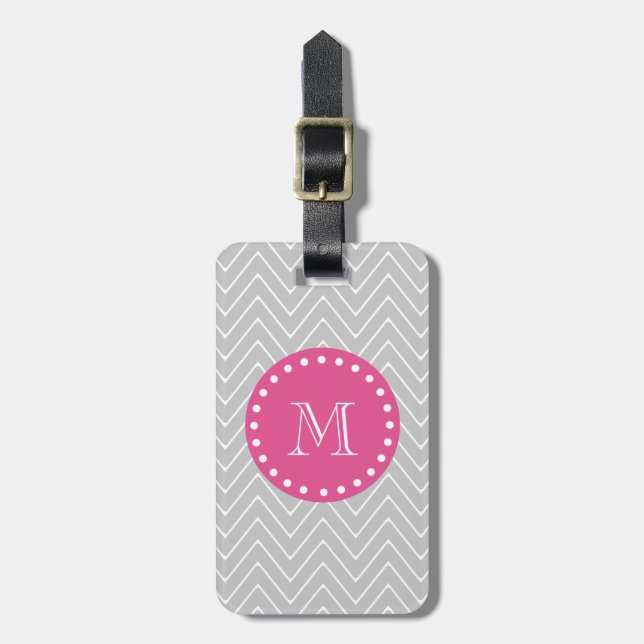 Hot Pink, Grey Chevron | Your Monogram Luggage Tag (Front Vertical)