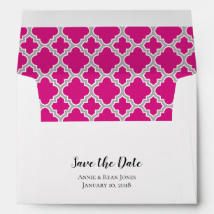 Hot Pink Grey Quatrefoil Save The Date Envelope