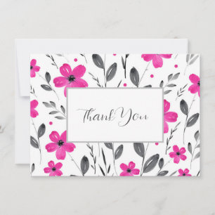 Hot Pink Grey Watercolor Five Petal Floral Motif Thank You Card