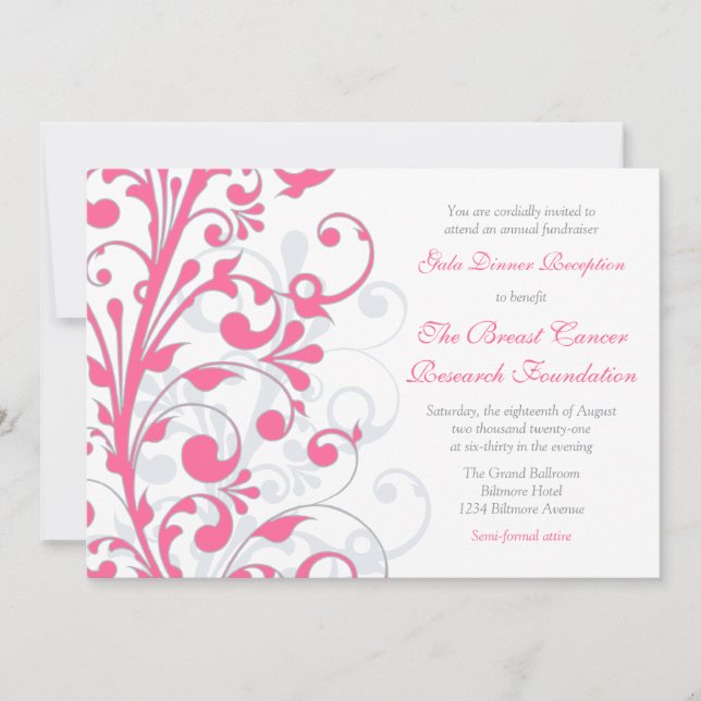 Hot Pink, Grey,  White Charity Fundraiser Invitation (Front)