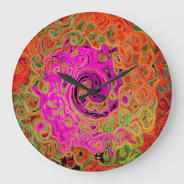 Hot Pink Groovy Abstract Retro Liquid Swirl Large Clock (Front)