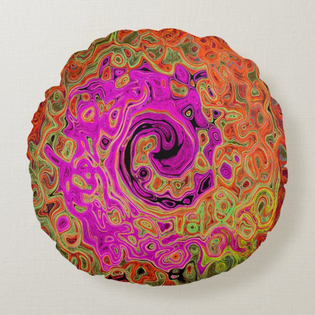 Hot Pink Groovy Abstract Retro Liquid Swirl Round Pillow (Front)